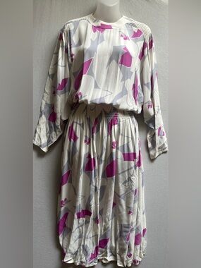 Vintage Tom D'Auria Abstract Smocked Rayon Midi Dress 9/10
